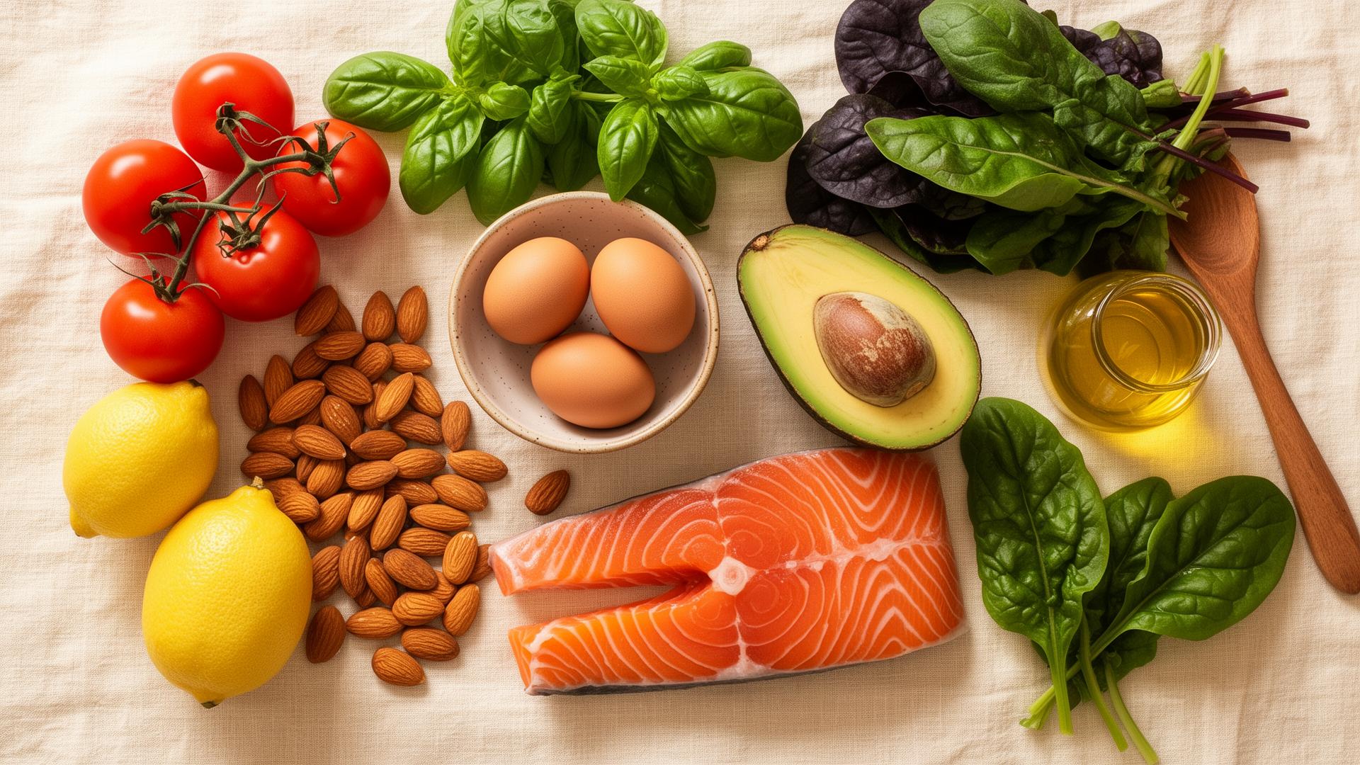 Fresh whole foods: tomatoes, basil, eggs, avocado, almonds, salmon, lemons, leafy greens